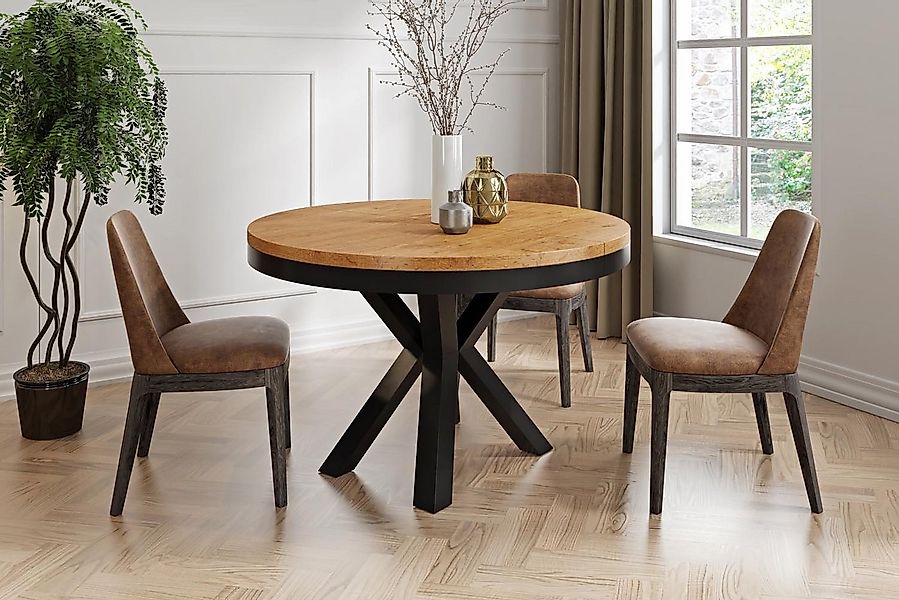 WFL GROUP Esstisch Clara im Loft-Stil rund ausziehbar mit schwarzen Metallb günstig online kaufen