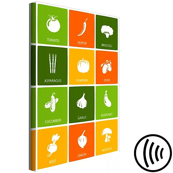 Bild auf Leinwand Gemüse-Tafel - weiße Icons mit englischen Namen auf farbi günstig online kaufen