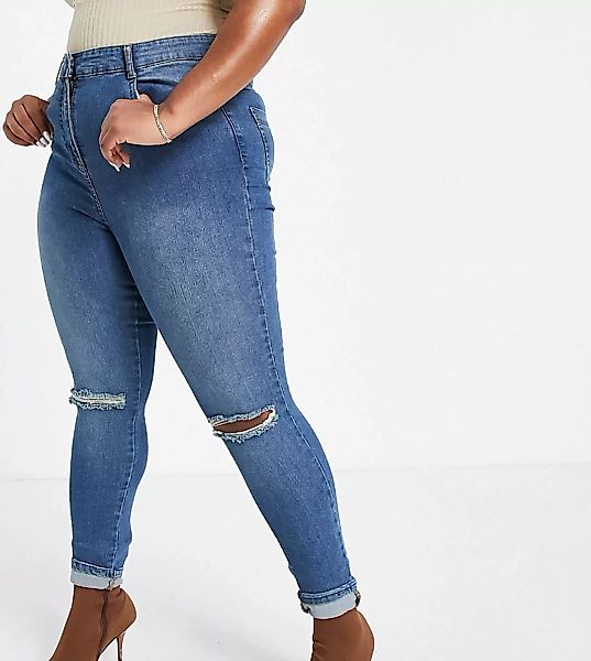 Yours – Enge-Jeans mit Knierissen in Altblau günstig online kaufen