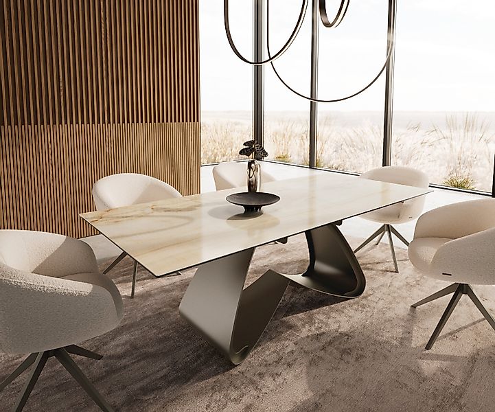 Esstisch Edge 180-220x100 Keramik Laminam® Onice Oro W-Gestell Effektfinish günstig online kaufen