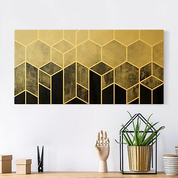 Leinwandbild Gold Goldene Geometrie - Sechsecke Schwarz Weiß günstig online kaufen