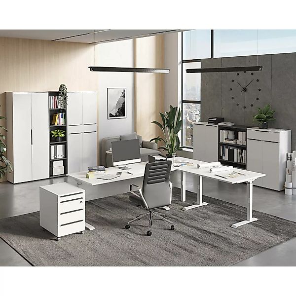 Büromöbel Set 8-teilig MEMPHIS-01 mit Winkelschreibtisch 240x220 cm in weiß günstig online kaufen
