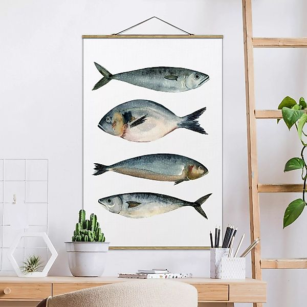 Stoffbild Tiere mit Posterleisten - Hochformat Vier Fische in Aquarell II günstig online kaufen