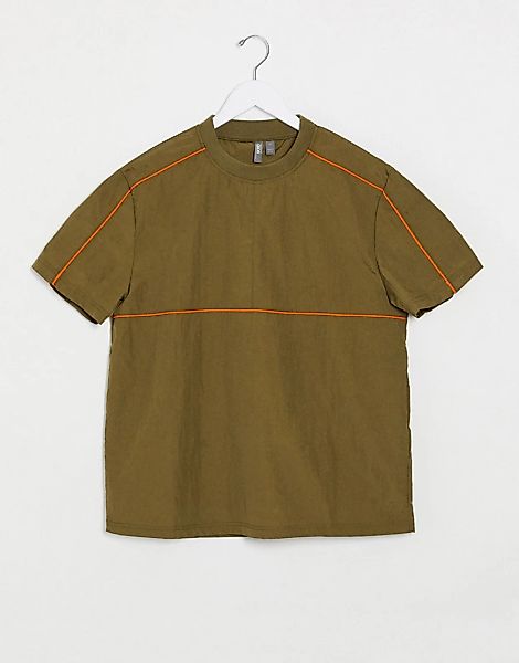 ASOS DESIGN – Locker geschnittenes Web-T-Shirt mit Paspelierung in Khaki-Gr günstig online kaufen