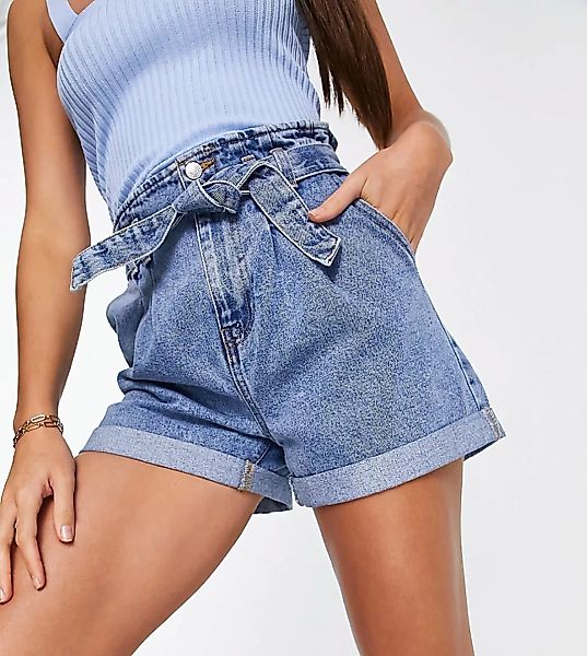 New Look Tall – Jeansshorts in Blau mit Paperbag-Taille günstig online kaufen