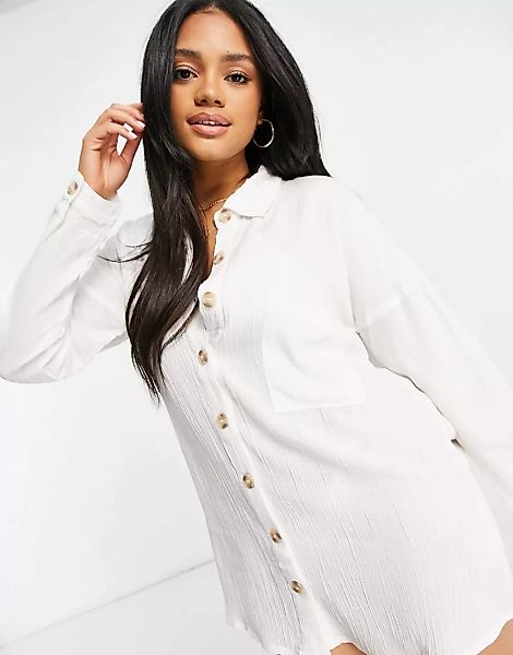Influence – Weißes Strand-Hemdkleid aus grobem Webstoff günstig online kaufen