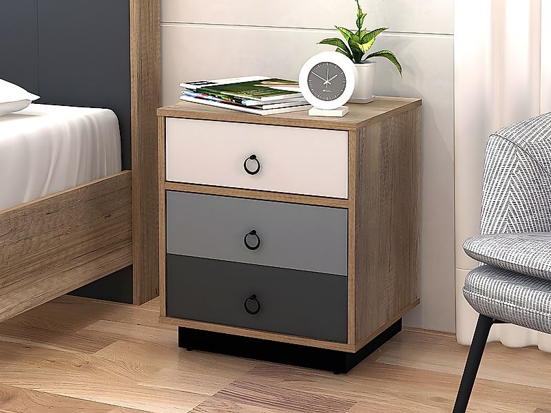 Set aus 2 Nachttischen – 1 Schublade und 1 Tür – Farben: Natur, Weiß und Gr günstig online kaufen