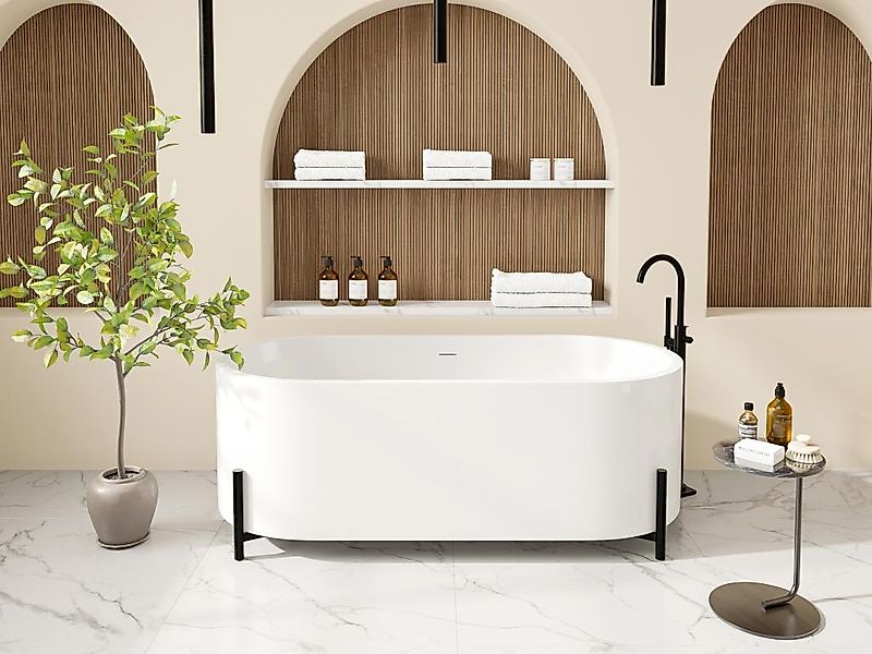 Freistehende Badewanne oval - mit schwarzen Füßen - Weiß - 160 x 73,5 x 59 günstig online kaufen
