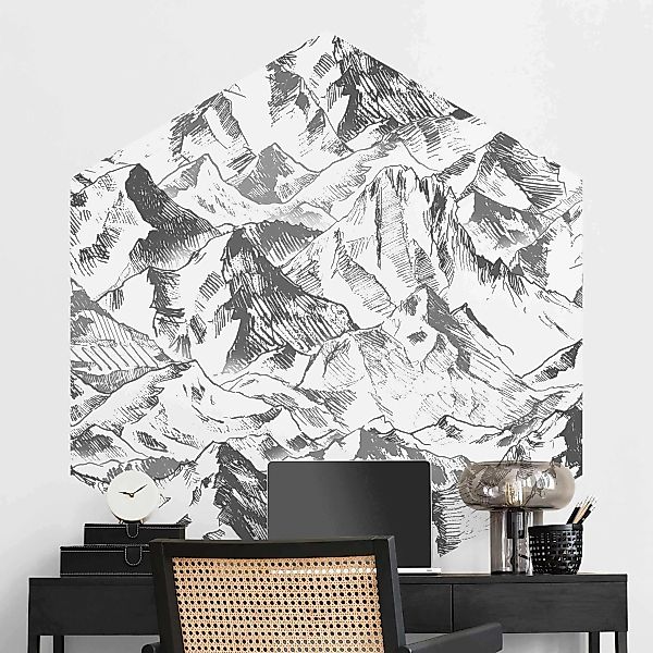 Hexagon Fototapete selbstklebend Illustration Berglandschaft Grau günstig online kaufen