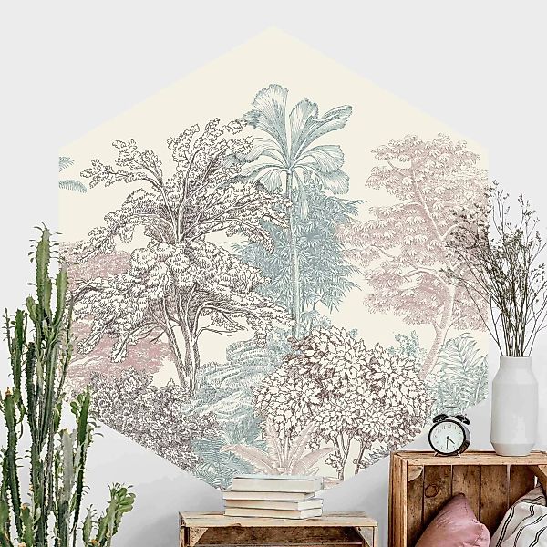 Hexagon Mustertapete selbstklebend Tropenwald mit Palmen in Pastell günstig online kaufen