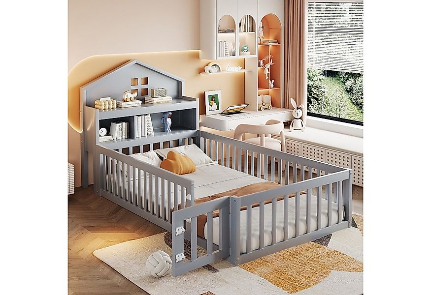 Merax Kinderbett 90x200cm mit Tür, Regal und Kreidetafel (1-tlg), Bodenbett günstig online kaufen