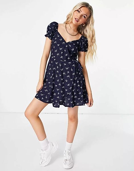 Hollister – Kleid mit Puffärmeln und Blumenmuster in Marineblau günstig online kaufen