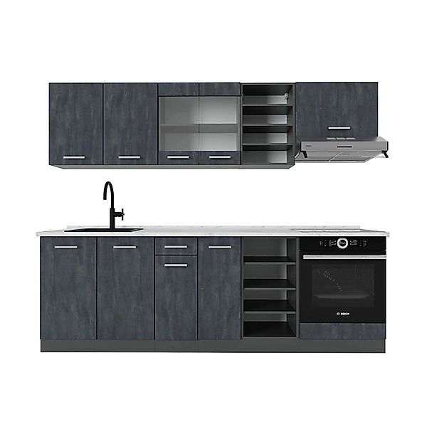 Vicco R-Line Komplettküche Schwarz Beton/Anthrazit 240 cm AP Marmor ohne E- günstig online kaufen