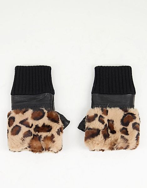 Jayley – Fingerlose Lederhandschuhe mit Kunstpelzbesatz mit Leopardenmuster günstig online kaufen