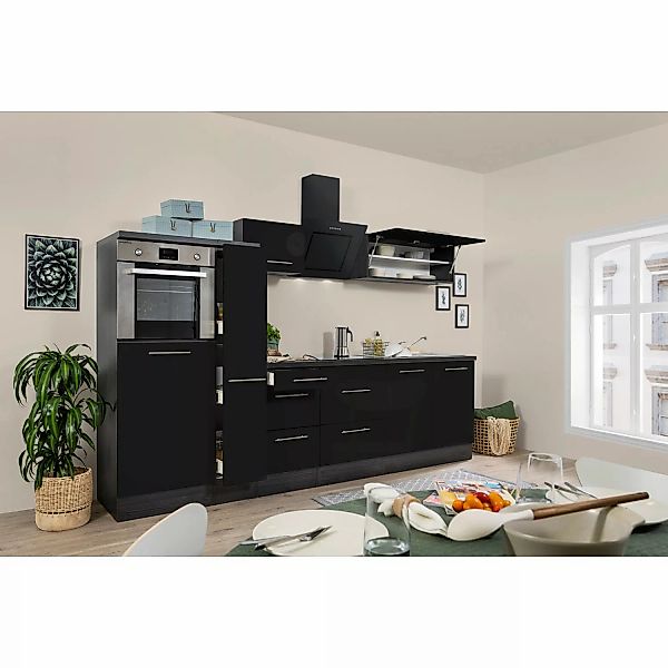 Respekta Premium Küchenzeile 300 cm Hochbau Schwarz Hochglanz-Eiche Grau günstig online kaufen