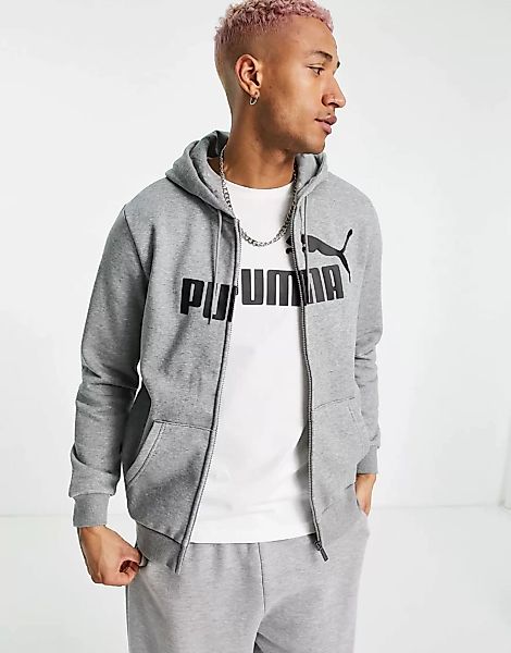 Puma – Essentials – Kapuzenjacke mit Reißverschluss mit großem Logo in Grau günstig online kaufen