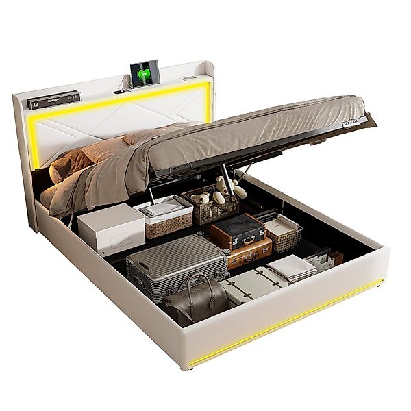 FUROKOY Polsterbett LED-Beleuchtung Kunstleder Hydraulisch Doppelbett günstig online kaufen