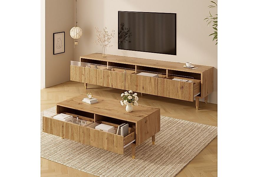 REDOM Wohnzimmer-Set mit LED-beleuchteter, (TV-Schrank+Wohnzimmertisch, 2-S günstig online kaufen