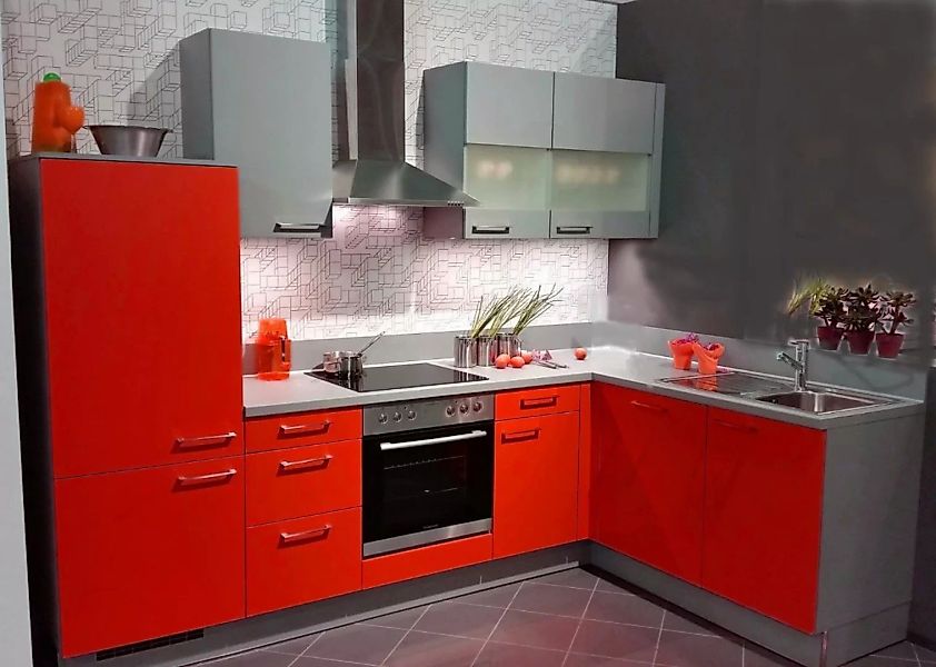 Einbauküche MANKAWIN 3 Rot/Arktisgrau - Schränke montiert/ Küchenzeile L-Fo günstig online kaufen