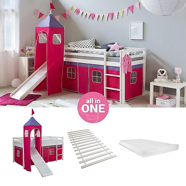 Homestyle4u Hochbett 90x200 mit Vorhang Lattenrost Matratze Rutsche Turm in günstig online kaufen