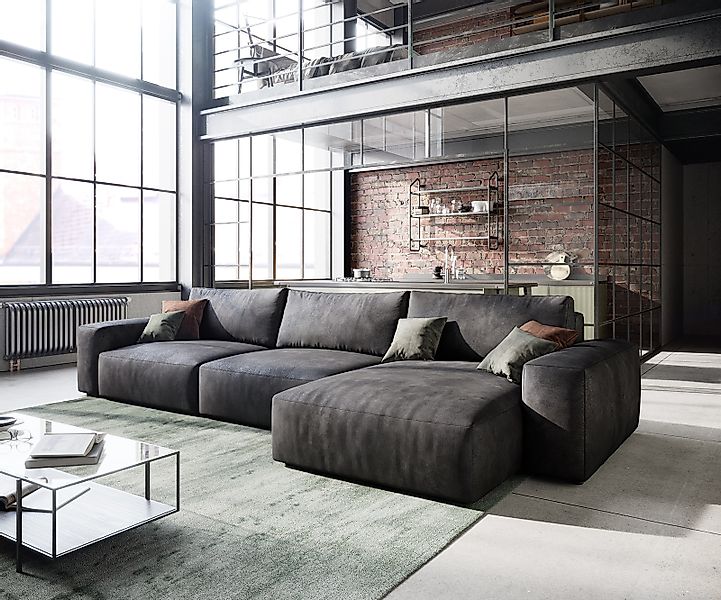 Ecksofa Lanzo L 360x160 cm Lederimitat Vintage Anthrazit Recamiere variabel günstig online kaufen
