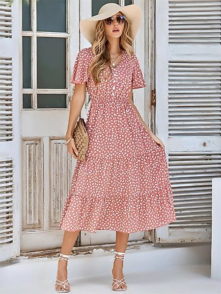 RUZU UG Dirndl Sommerfrisches Kleid mit V-Ausschnitt und Rüschenärmeln für günstig online kaufen