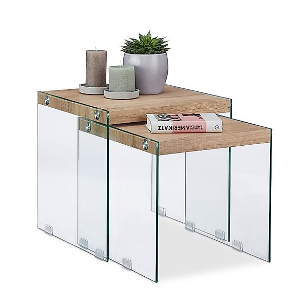 relaxdays Satztisch 2er Set Holz+Glas günstig online kaufen