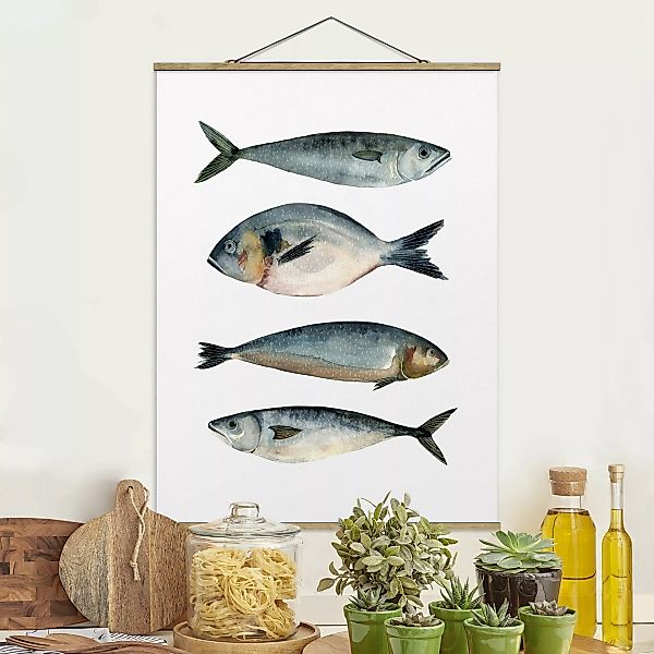 Stoffbild Tiere mit Posterleisten - Hochformat Vier Fische in Aquarell II günstig online kaufen