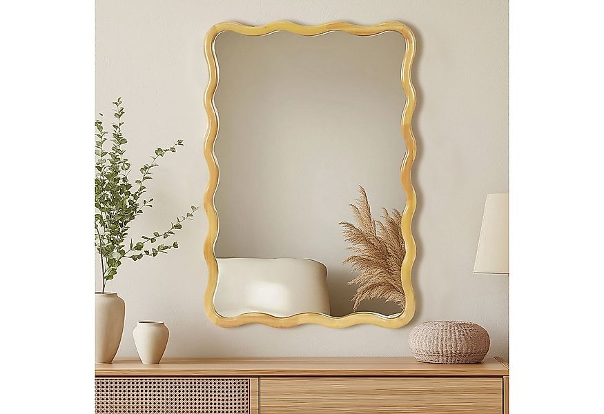 G-LEAF Spiegel Unregelmäßiger Rechteckiger Wandspiegel, Hölzerner Wellen-Wa günstig online kaufen