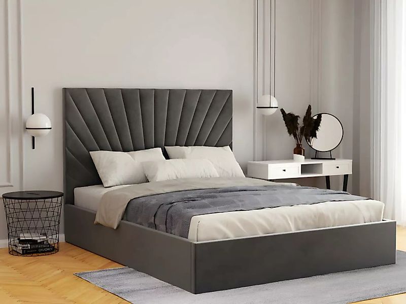 Polsterbett mit Bettkasten - 160 x 200 cm - Samt- Grau + Matratze - RILIODA günstig online kaufen