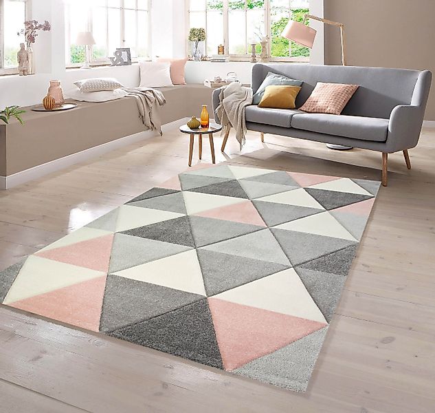TeppichHome24 Teppich Teppich mit Dreieck Muster in Rosa Grau Creme, rechte günstig online kaufen