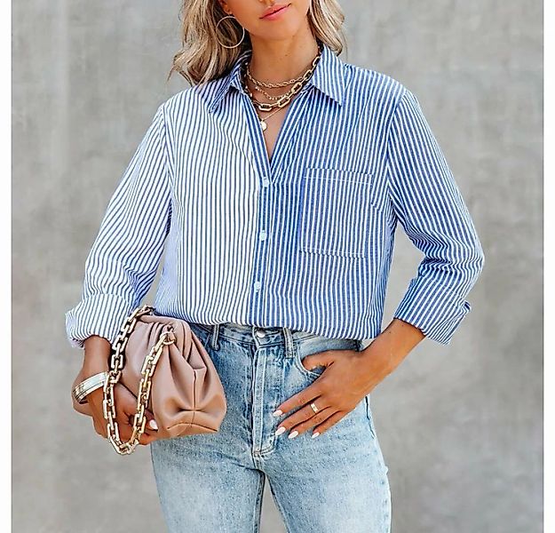 RUZU UG Blusentop Shirtbluse Einreihiges Langarm-Cardigan-Damenhemd Kontras günstig online kaufen