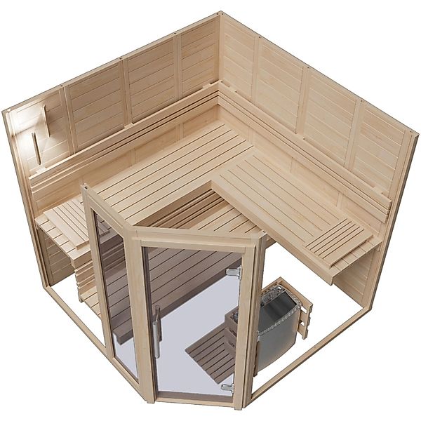 Sauna Eilo EL-BE 40-2121E Blockbohlen-Elementbauw. 5-Eck - Glastür & Seiten günstig online kaufen
