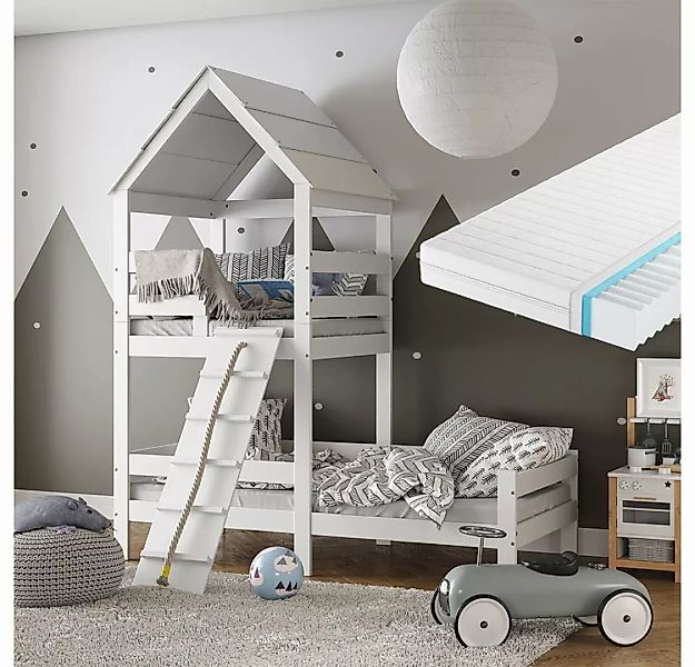 VitaliSpa® Bett Kinderbett Spielturmbett 90x200cm Teddy Weiß Matratze günstig online kaufen