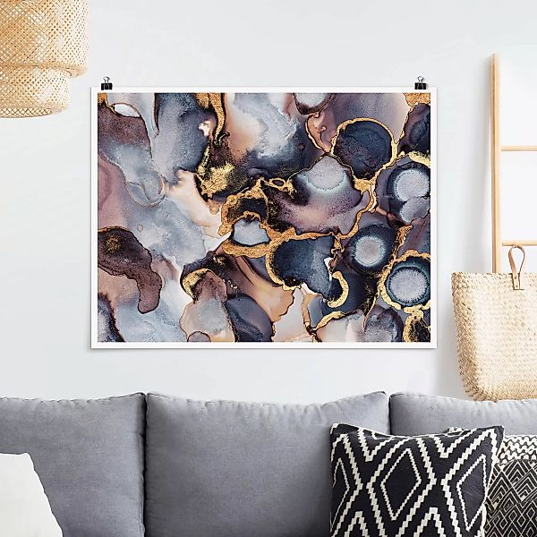 Poster Abstrakt - Querformat Marmor Aquarell mit Gold günstig online kaufen