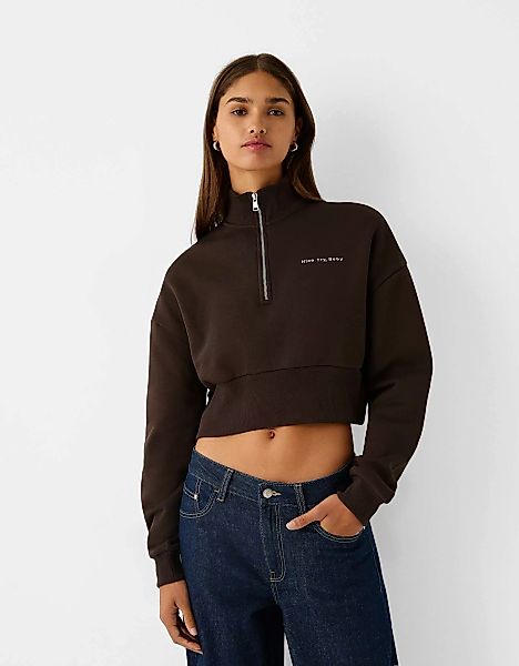 Bershka Sweatshirt Mit Reißverschluss Und Stickerei Damen Xs Braun günstig online kaufen