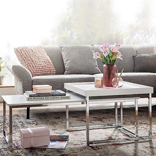 Moderne Sofa Tische in Weiß und Chromfarben Bügelgestell (zweiteilig) günstig online kaufen