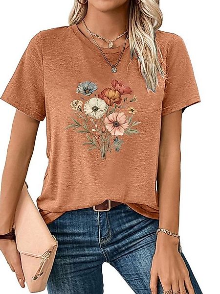 PYL Kurzarmshirt Damen Casual Kurzarmshirt mit Blumen Druck günstig online kaufen