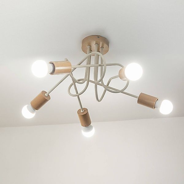 Deckenlampe Oxford, sandbeige, Holz, Metall, 5-flg,, Ø 47 cm günstig online kaufen