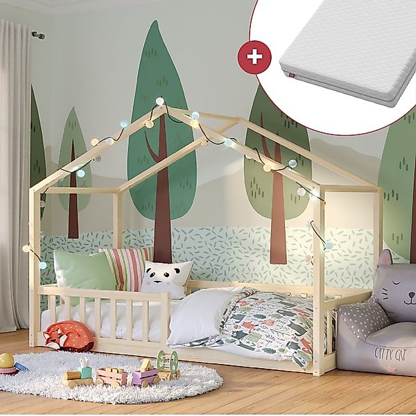Bellabino Hausbett Bia (natur, 80x160 cm, Bodenbett mit Rolllattenrost, Rau günstig online kaufen