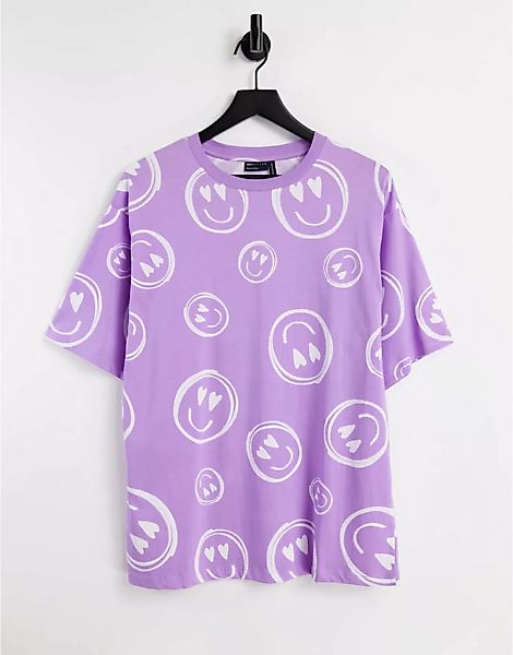 ASOS DESIGN – Oversize-T-Shirt in Flieder mit All-over-Smiley-Print-Lila günstig online kaufen