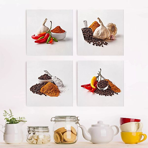 4-teiliges Leinwandbild Küche - Quadrat Chili Knoblauch und Gewürz - Sets günstig online kaufen