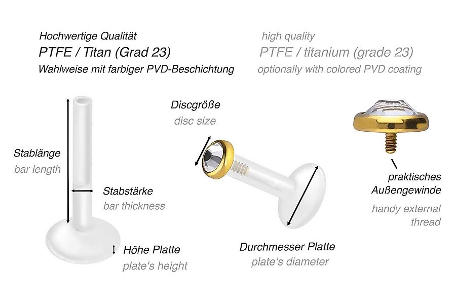 PIERCINGLINE Piercing-Set PTFE Labret mit Innengewinde + Titan-Aufsatz KRIS günstig online kaufen
