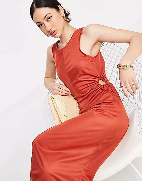 Mango – Ärmelloses Jerseykleid mit seitlichem Zierausschnitt in Rostrot günstig online kaufen