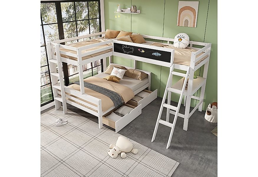Flieks Etagenbett, Kinderbett Dreierbett + Schubladen Schreibtisch 140x200c günstig online kaufen