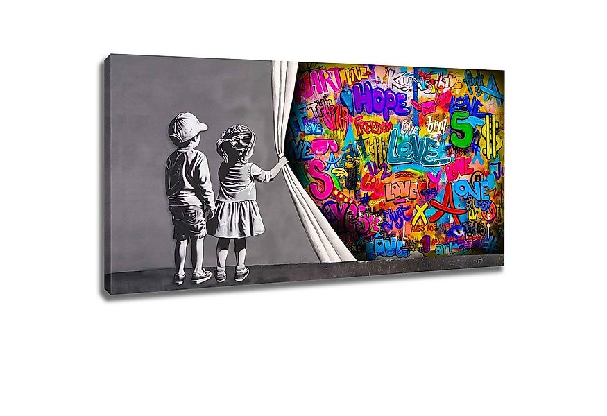 Leinwando Leinwandbild Gemälde Banksy 2 Kinder hinter Vorhang - Strong Bord günstig online kaufen