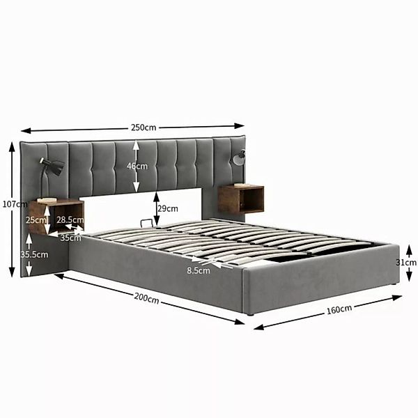 Flieks Polsterbett, Hydraulisches Doppelbett Breitohrbett 160x200cm mit Nac günstig online kaufen