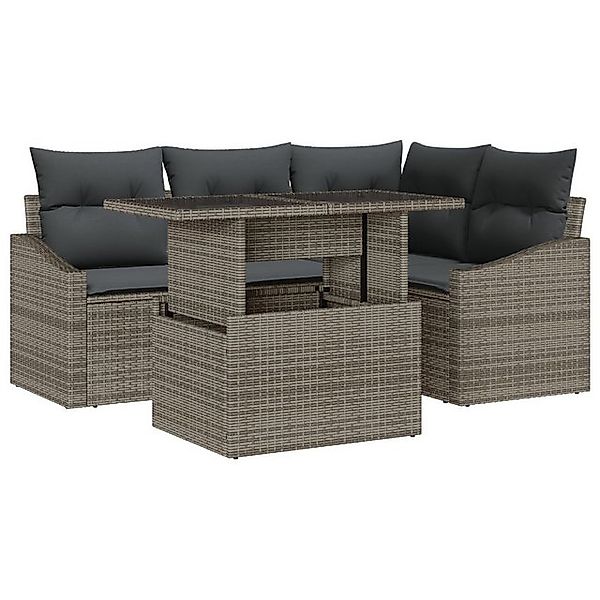 vidaXL Loungesofa 5-teiliges Garten-Sofaset mit Kissen Grau Poly Rattan, 5 günstig online kaufen