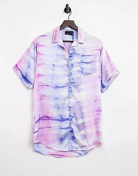 ASOS DESIGN – Strandhemd aus Satin mit Marmor-Batikmuster-Mehrfarbig günstig online kaufen