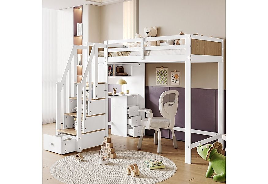 Merax Hochbett (Schrank mit 3 Schubladen, Offenes Regal) Etagenbett 90x200c günstig online kaufen